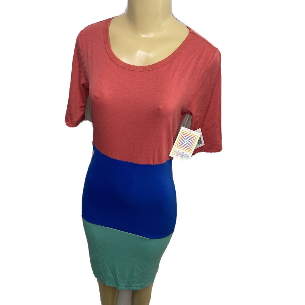 LuLaRoe Julia Colorblock Midi Dress Womens XS Blue Coral Green Short Sleeve NWT